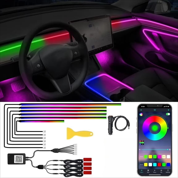 Acrylic Interior Car LED Lights with Remote and Wireless APP 10 in 1,Ambient Lighting Kits Fiber Optic Strip LEDs,16 Million Colors Music&DIY Function