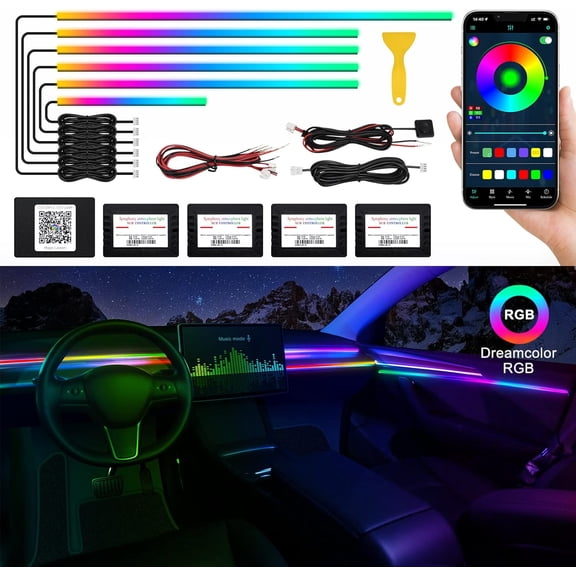 Acrylic Interior Car LED Strip Light with Wireless APP, RGB Dreamcolor 6 in 1 175 inches 593 LEDs Fiber Optic Ambient Lighting Kits, 16 Million Colors Sound Active Function Neon Lights