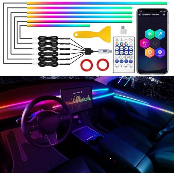 Acrylic Interior Car LED Strip Light with USB/Type C, RGB 6 in 1 with 175 Inch 593 LEDs Strip, Dynamic Chasing Music Sync Neon Ambient Lighting Kits