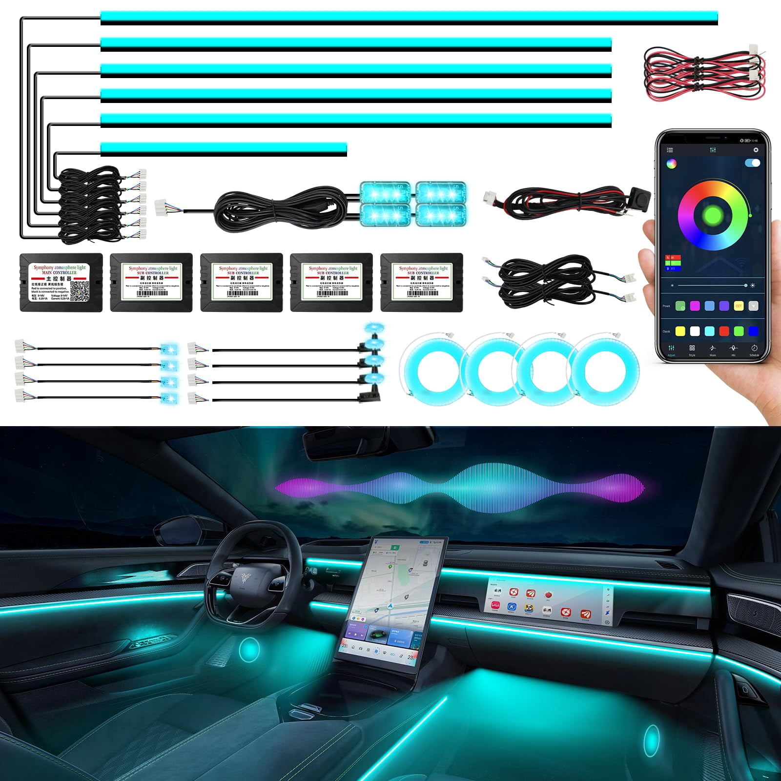 Acrylic Interior Car Lights, AMKI Car LED Strip with APP Sub Control ...