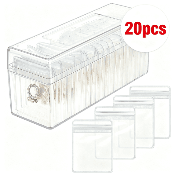 Acrylic Jewelry Box Organizer - Clear Jewelry Organizer Holder for Rings Earrings Necklaces - Transparent Jewelry Storage Case with 20 Sealed Bags - Home Travel Jewelry Display for Women