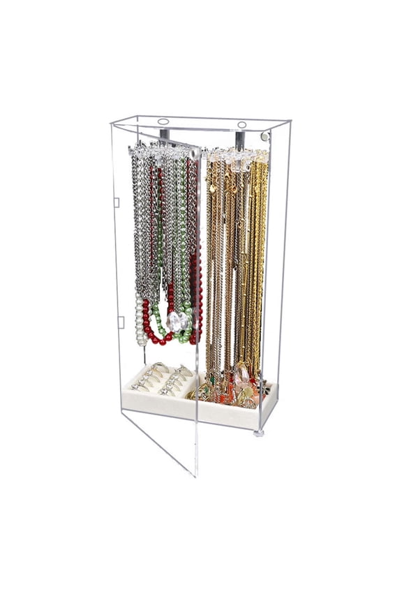Acrylic Jewelry Display Case with Dustproof Clear Cover, Necklace Bracelet Hanging Organizer Stand with Ring Tray, Countertop Cabinet Storage Rack for Earrings Watches Accessories, Clear, By Harlik
