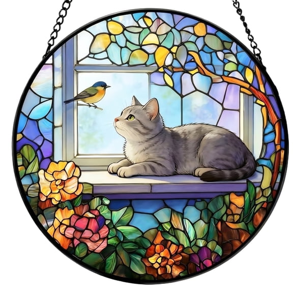 Acrylic Jigsaw Puzzle Sun Catcher, Cats and Flowers Design Stained Glass Window Hanging, Garden and Porch Decor, Rainbow Maker Window Art, Gift for Mom and Flower Lovers，C