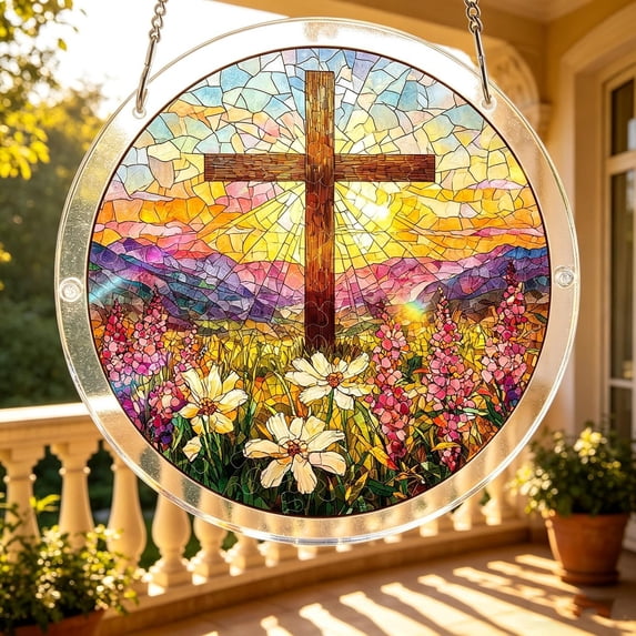 Acrylic Jigsaw Puzzle Suncatcher, 7.3in Stained Glass Christian Cross Mountain Wildflower Religious Sun Catcher Window Decor, Round Ornament with Chain