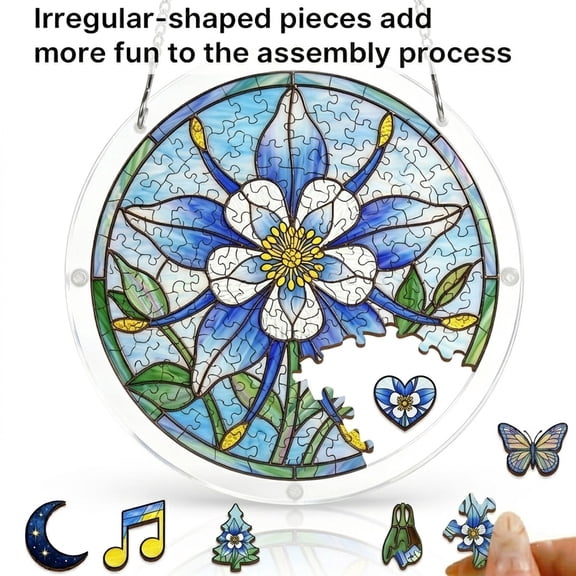 Acrylic Jigsaw Puzzle Suncatcher, 7.4in Stained Glass Blue White Columbine Flower Sun Catcher, Round DIY Home Hanging Art Ornament with Chain & Charms