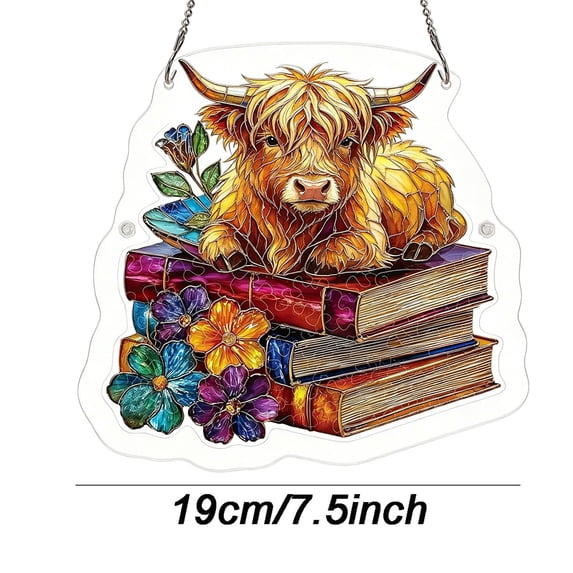 Acrylic Jigsaw Puzzle Suncatcher, 7.5in Stained Glass Highland Cow Floral Stacked Books Sun Catcher Window Decor, Irregular Shape Home Art Ornament