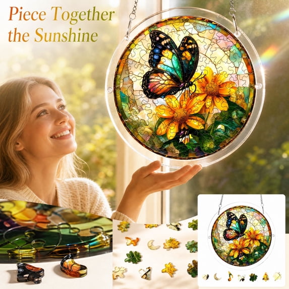Acrylic Jigsaw Puzzle Suncatcher Stained glass acrylic style Window Hanging 8 Inch Round Wall Art for Home Decor Window Decorations Hanging Wall Decor Sunflower and Butterfly Design, 1 Pack