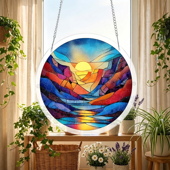 Acrylic Jigsaw Puzzle Suncatcher Window Hanging, Abstract Stained Glass Style Window Art Rainbow Maker, Modern Sun Catcher Puzzle Decoration for Home Decor,E