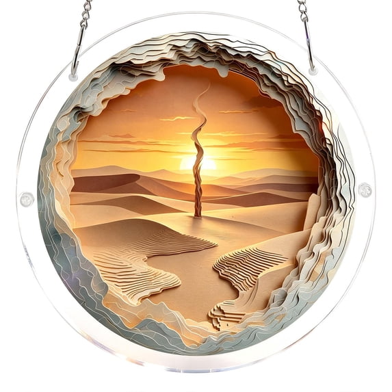 Acrylic Jigsaw Puzzle Suncatcher with Desert Sunset Design, 1 Piece Circular Transparent Acrylic, for Home Window Display, Puzzle Decoration