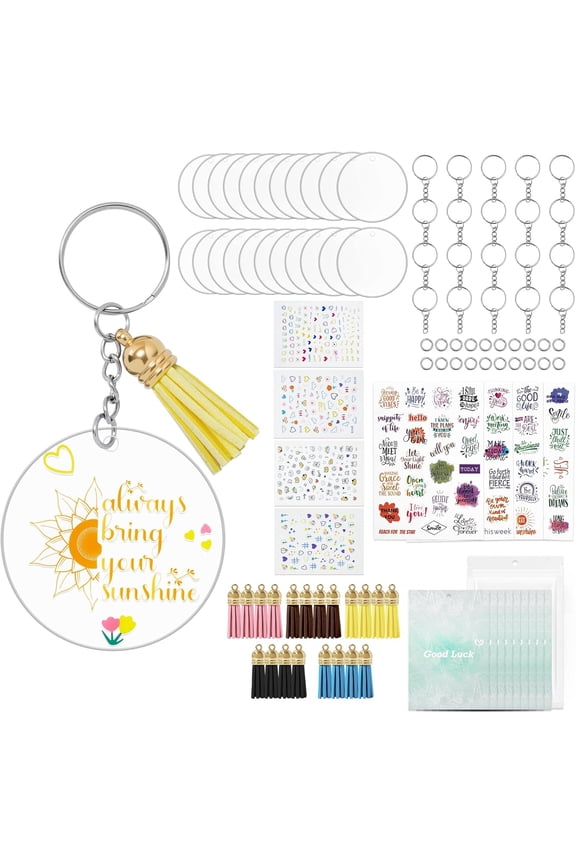 Acrylic Keychain Blank DIY Kit 128 Piece Craft Set with Clear Blanks Key Rings Tassels Stickers for Personalized Gift Making