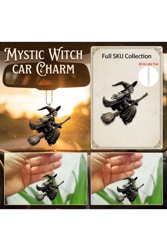 Acrylic Keychain, Gothic Flying Witch Halloween Decor with Silver Beaded Chain, Spooky Car Accessories for Car Keys, Car Rearview Mirror Display, Hanging Halloween Decorations for