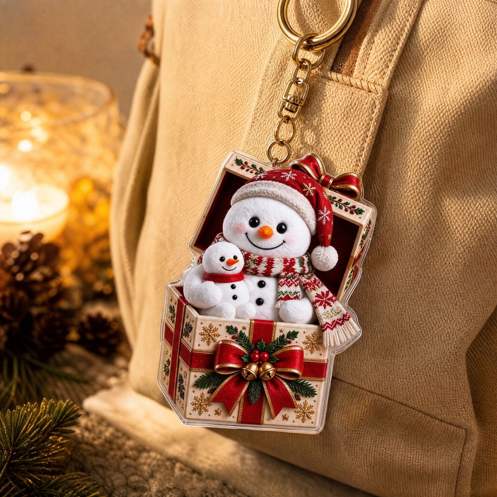 Hadware Box Acrylic Keychain with Cute Snowman Gift Box Design and Sturdy Gold ...