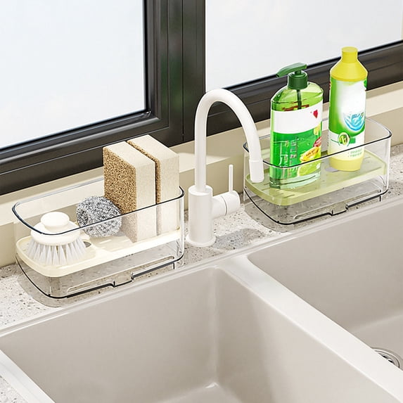 Acrylic Kitchen Sink Storage Rack Organizer | Double-Layer Countertop Shelf with Drainboard | White/Green, 7.09"x3.35"x3.35" | Sponge, Utensil, Dishcloth Holder, Stable Non-Slip Feet, Easy-Clean