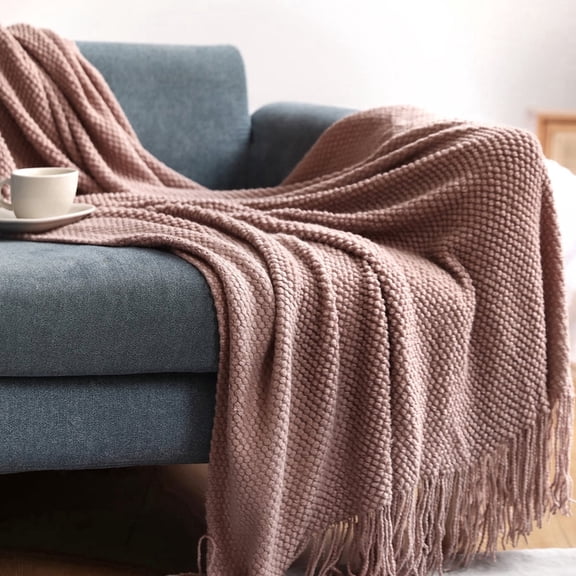 Acrylic Knitted Blanket, Lightweight and Soft Cozy Decorative Woven Blanket with Fringes for Travel, Sofa, Bed, Couch, 130x170 cm