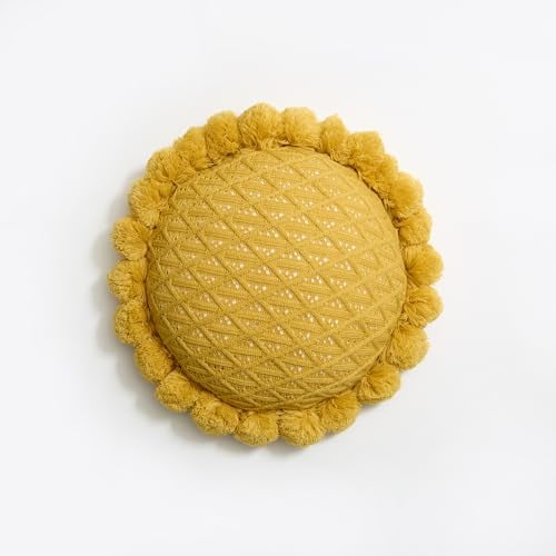 Acrylic Knitted Round Throw Pillow Knitting Bohemian Circular Cushion Pillow with Knit Handmade Pompoms Decorative Ginger Yellow, Diameter 18inches