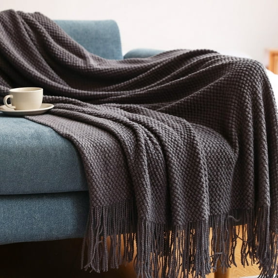 Acrylic Knitted Throw Blanket, Lightweight and Soft Cozy Decorative Woven Blanket with Tassels for Travel, Couch, Bed, Sofa, 51x67 Inches - soot