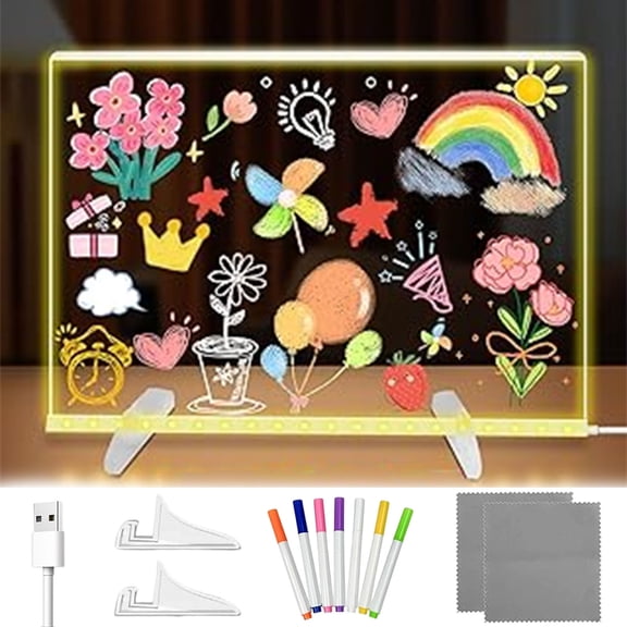Acrylic LED Message Board,11.8 × 7.8" LED Drawing Board, DIY Erasable Acrylic Writing Board with 7 Color Pens & Stand