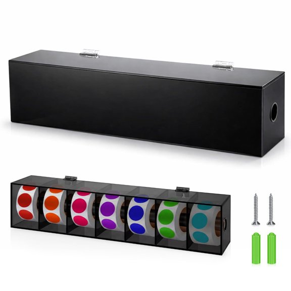 Acrylic Label Roll Dispenser with 7 Compartments, Black Sticker Roll Storage Box for Retail Counters, Inventory Label Wo