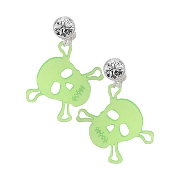 Acrylic Large Lime Green Skull Clear Crystal Clip On Earrings