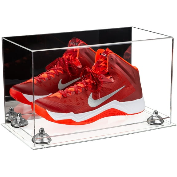 Acrylic Large Shoe Display Case for Basketball Shoe Soccer Cleat Football Cleat with Mirror, Silver Risers and Clear Base (A013-SR)
