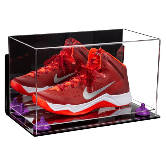 Acrylic Large Shoe Display Case for Basketball Shoe Soccer Cleat Football Cleat with Mirror, Wall Mount, Purple Risers and Clear Base (A013-PR)