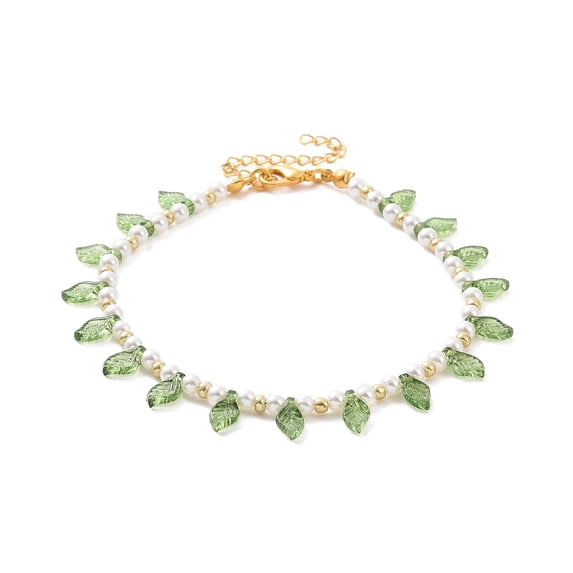 Acrylic Leaf Charm Anklets with Imitation Pearl Beaded for Women Golden 9-1/8 inch(23cm)