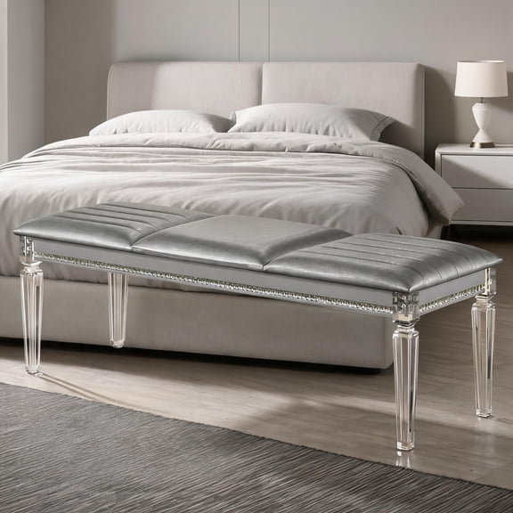 Acrylic-Leg Contemporary Vanity Bench with Crystal Mirror Accents, Silver Finish, Two-Seater