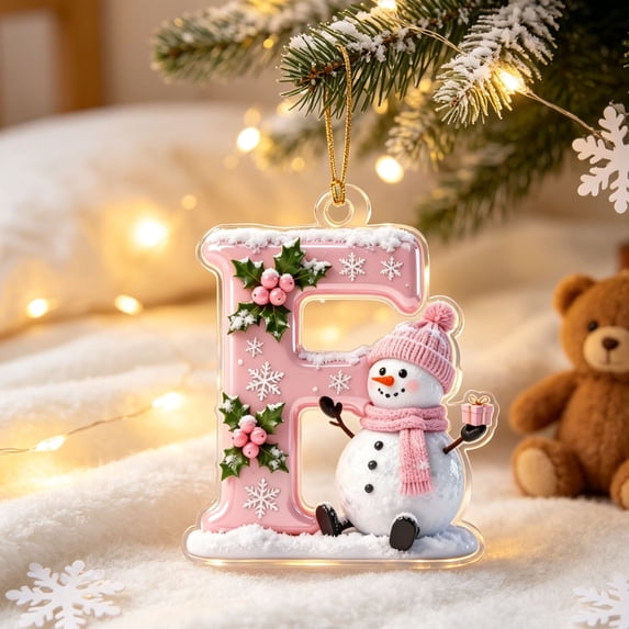 Acrylic Letter Christmas Ornament Pink Snowman Monogram Hanging Decoration with Initial for Xmas Tree Gift for Friends (3.15In)