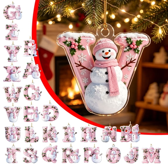 Acrylic Letter Christmas Ornament Pink Snowman Monogram Hanging Decoration with Initial for Xmas Tree Gift for Friends (3.15In)