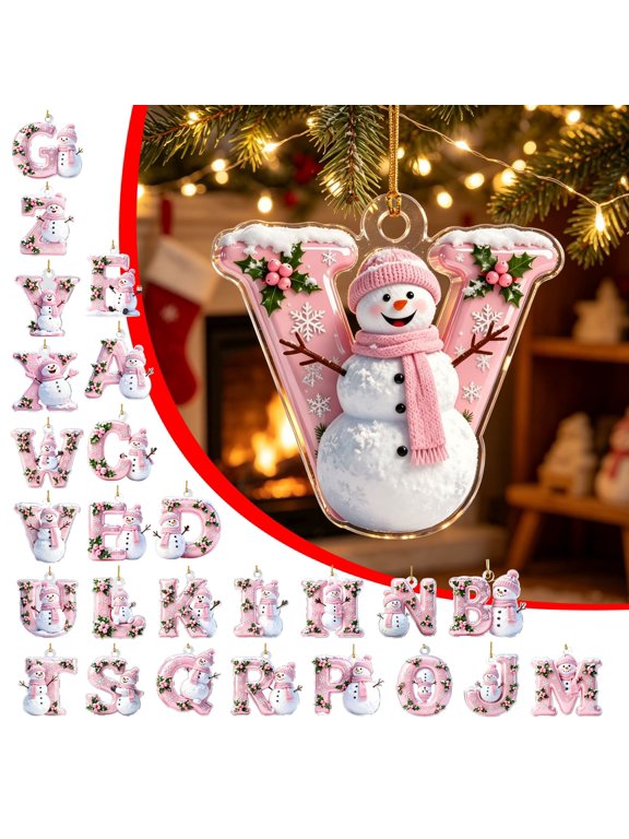 Acrylic Letter Christmas Ornament Pink Snowman Monogram Hanging Decoration with Initial for Xmas Tree Gift for Friends (3.15In)