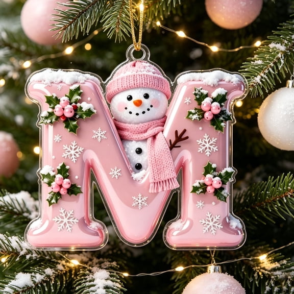 Acrylic Letter Christmas Ornament Pink Snowman Monogram Hanging Decoration with Initial for Xmas Tree Gift for Friends (3.15In)