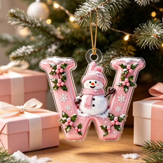 Acrylic Letter Christmas Ornament Pink Snowman Monogram Hanging Decoration with Initial for Xmas Tree Gift for Friends (3.15In)