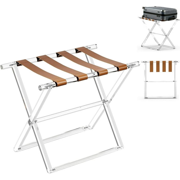 Acrylic Luggage Rack for Guest Room,Folding Luggage Rack with Leather Straps,Holds up to 120 lbs Suitcase Stand for Bedroom, Living Room and Hotel (Brown Leather)
