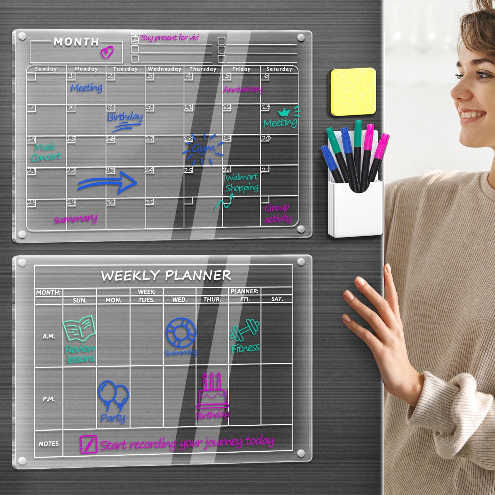 Acrylic Calendar for Fridge, 2 Pack Dry Erase Board