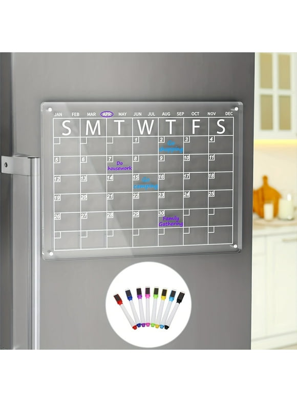 Acrylic Magnetic Calendar for Fridge, 16" x 12" Clear Monthly Calendar for Refrigerator with 8 Markers