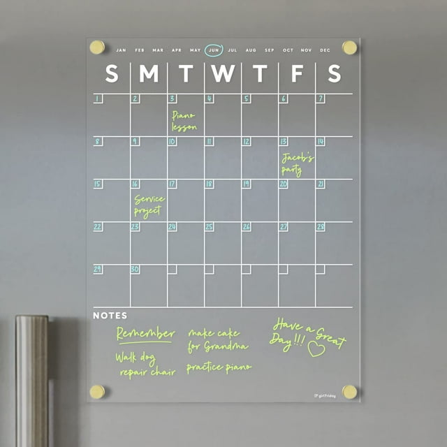 Acrylic Magnetic Calendar for Refrigerator 9x12 or 14x18 Dry Erase