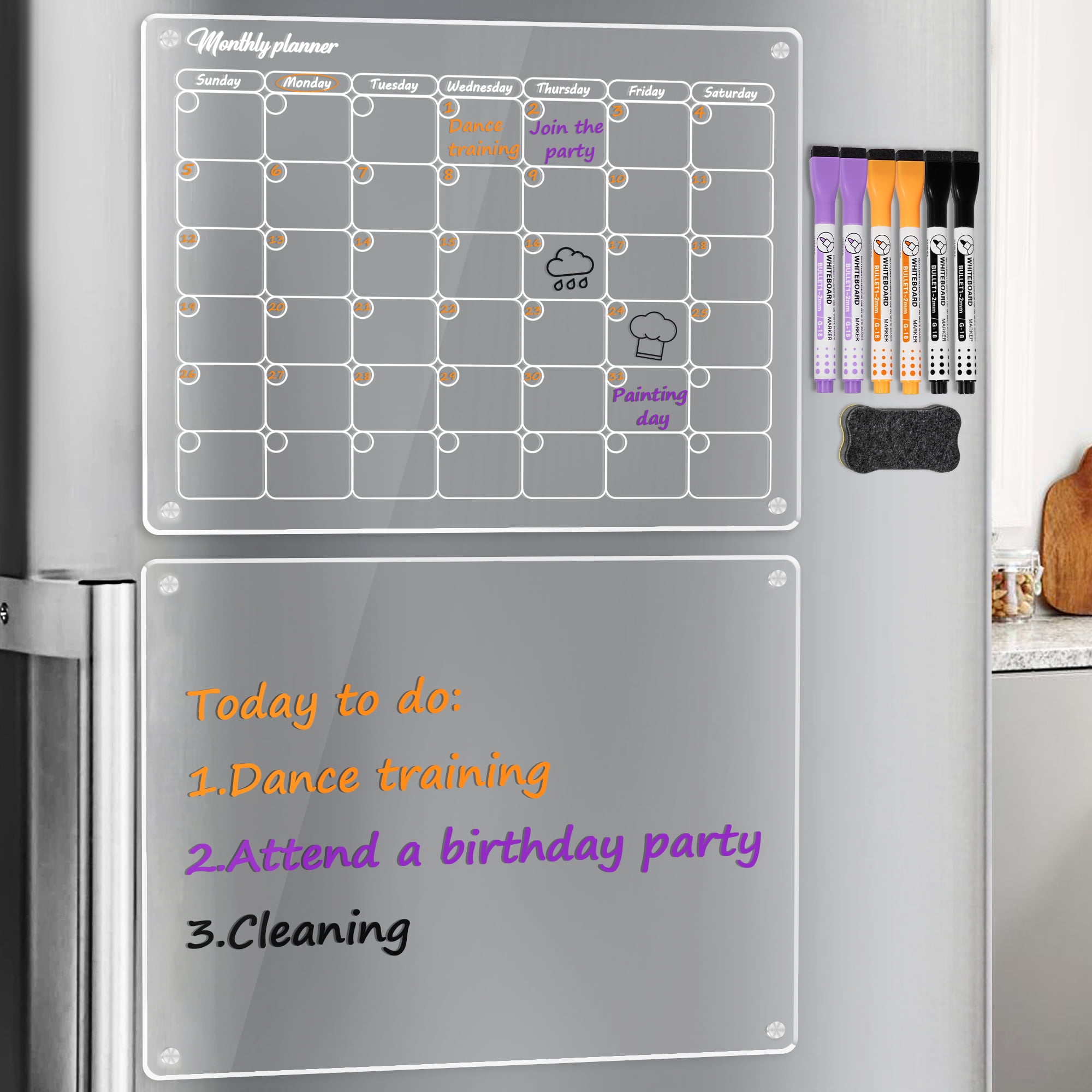 OORAII Magnetic Acrylic Calendar for Fridge Refrigerator Monthly Dry Erase Board w/ 8 Markers & Magnetic Pen Holder, Organic Glass Clear Planning