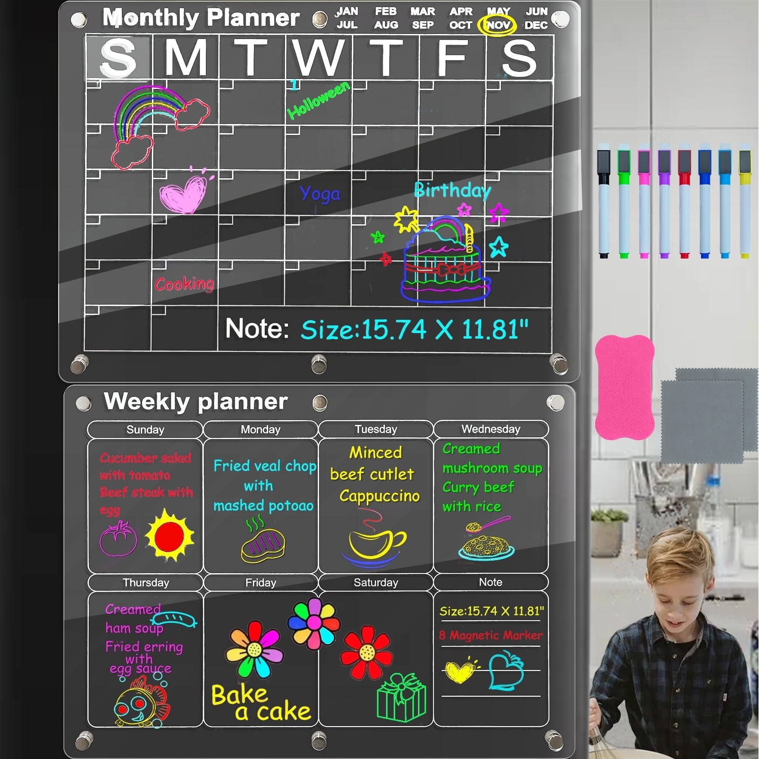 Acrylic Magnetic Dry Erase Board for Fridge for Wall for Magnets2-Pack 15.74" X 11.81" Clear Planning Boards - Monthly Calendar + Weekly CalendarMeal Planner, Kitchen Menu Planner Reminder