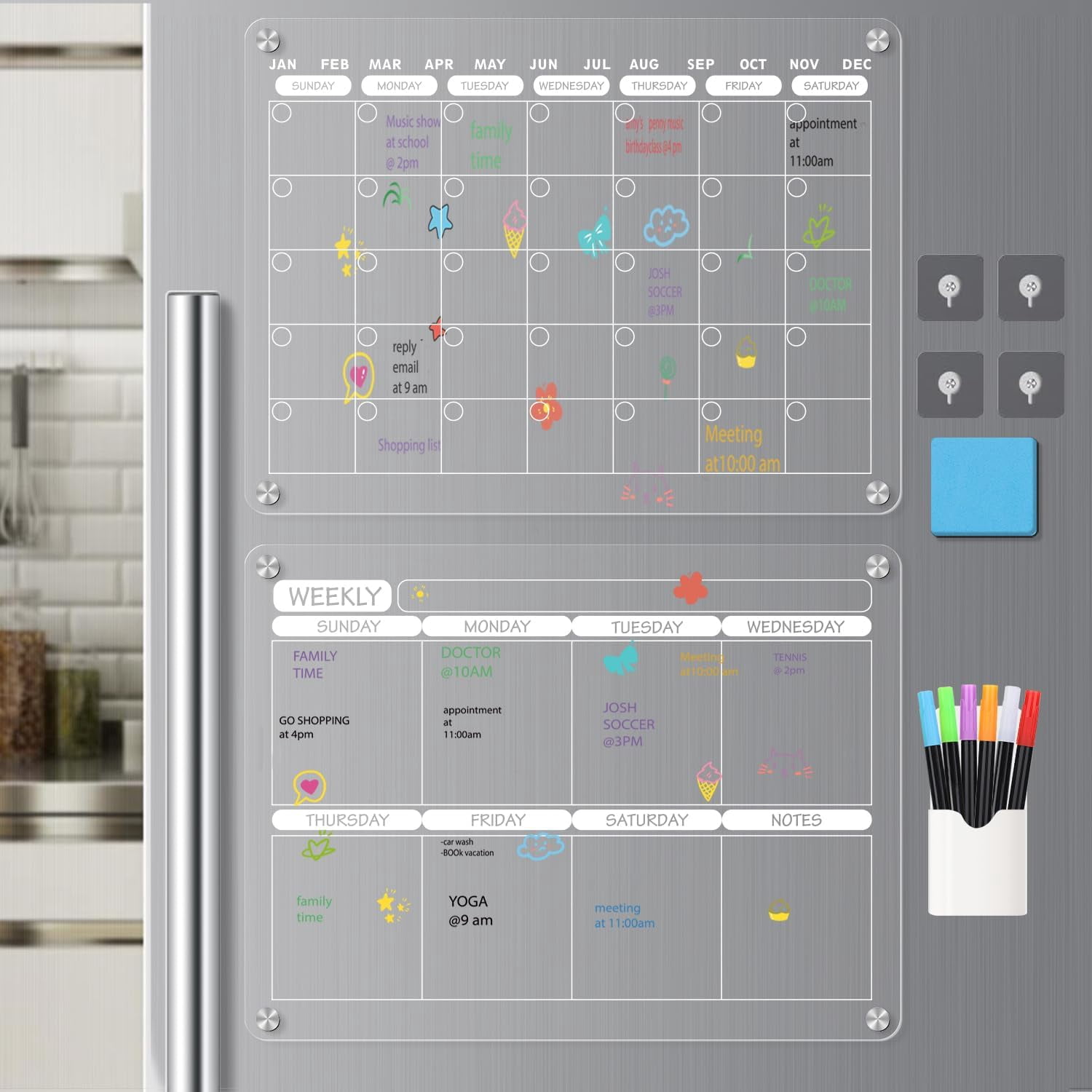 Acrylic Magnetic Dry Erase Calendar Board for Fridge, 16"X12" - Erasable Monthly and Weekly Planner with to-Do List, Includes 6 Markers Eraser