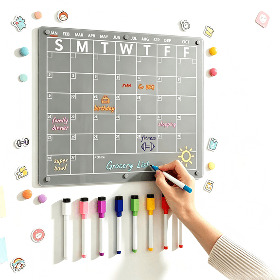 Acrylic Magnetic Dry Erase Fridge Calendar, Clear Reusable Monthly Planner with 8 Colored Markers, 15 x 11 Inch