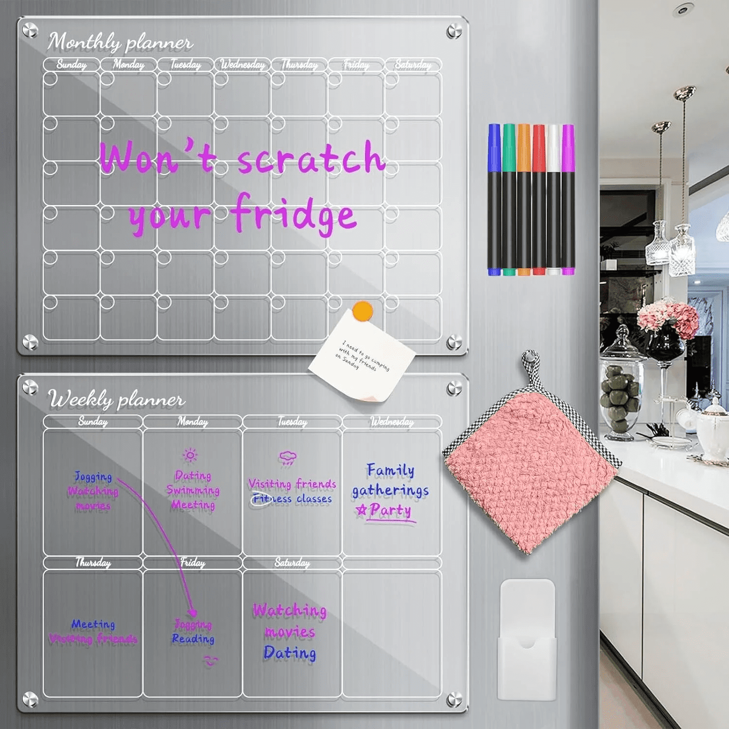 Acrylic Magnetic Fridge Calendar Magnet, Clear Dry Erase Board Calendar for Refrigerator, Monthly Weekly Planner 2025, Vertical Fridge Whiteboard to Do List, w/ 6 Colors Markers, 16"x12"