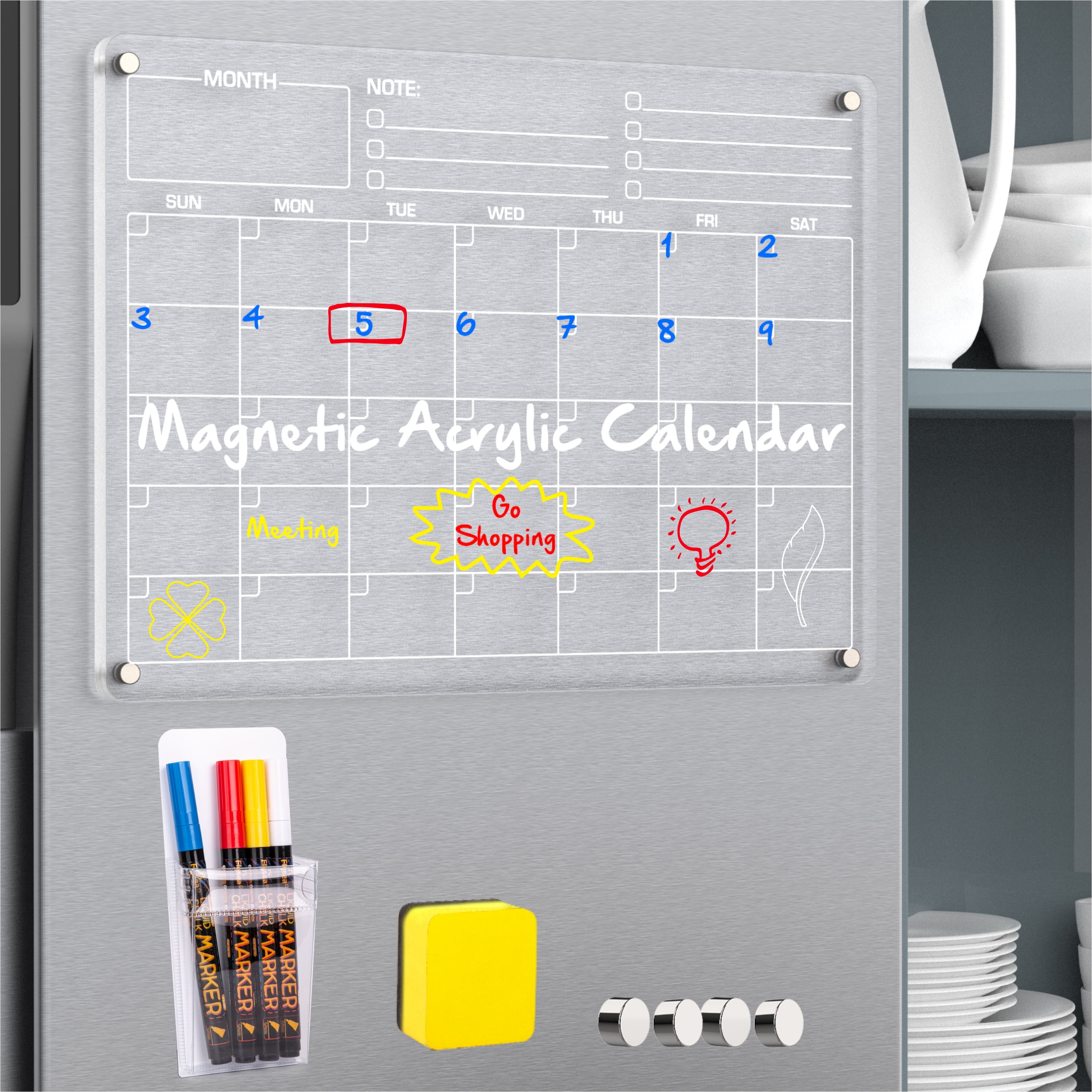  Magnetic Acrylic Calendar for Fridge, 16x12 Clear Fridge  Calendar Dry Erase Magnetic Planning Boards, Includes 8 Highlight Markers,  Magnetic Pen Holder, 2 Nail-Free Stickers and Erase Towel : Office Products