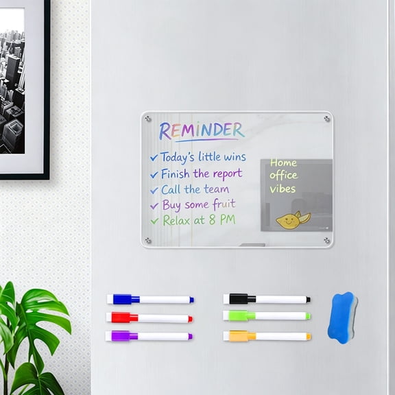 Acrylic Magnetic Whiteboard for Fridge, 16 × 12 Inch Dry Erase Board with 6 Markers, Powerful Magnets, Smooth Writing and Easy Cleaning for Grocery Lists, Meal Plans, and Reminders