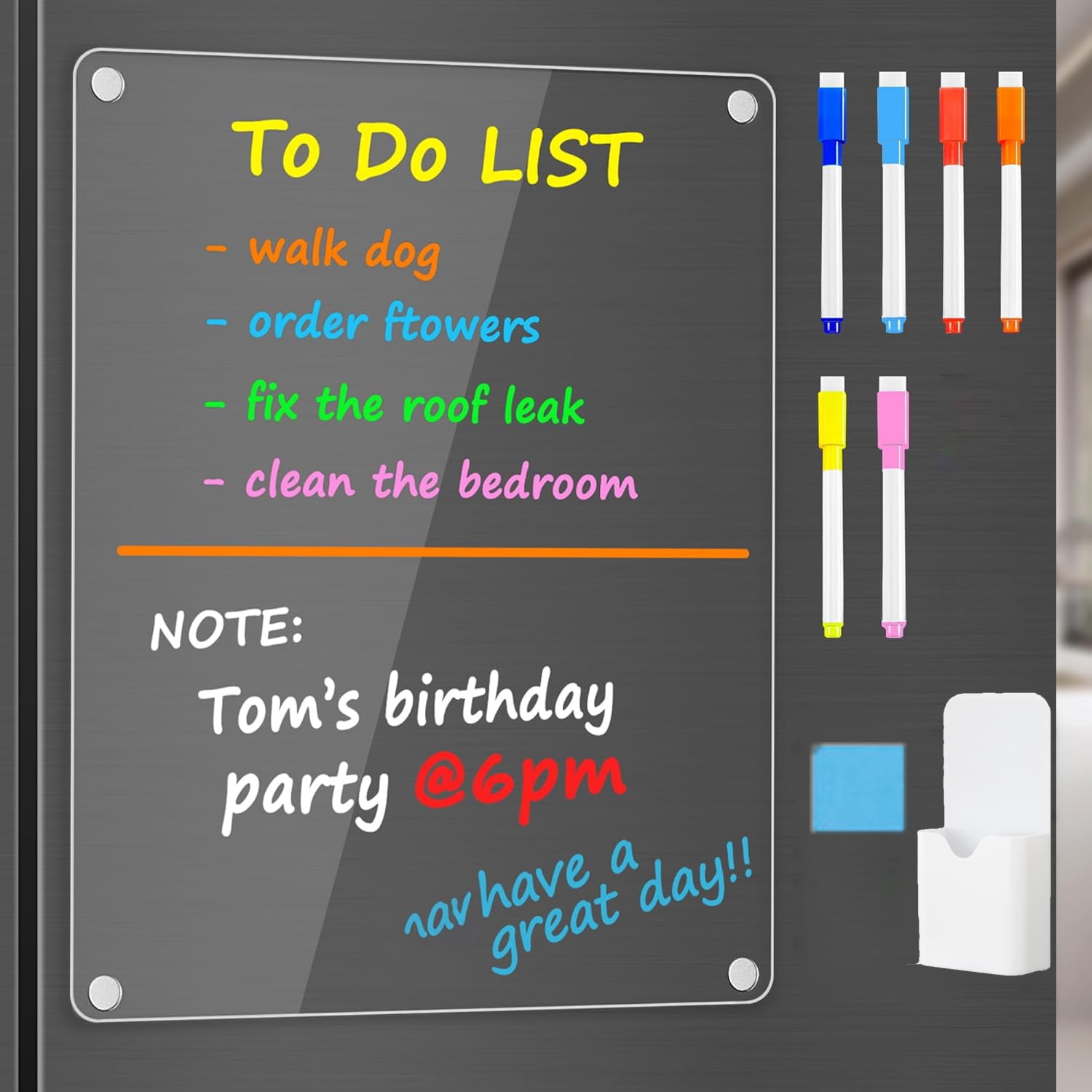 Acrylic Magnetic Whiteboard for Fridge Tutuviw 12"X 8" Clear Refrigerator Dry Erase Board with 6 Markers and 1 Eraser, Smooth Writing and Easy Cleaning Memo Grocery List Reusable Week Planner
