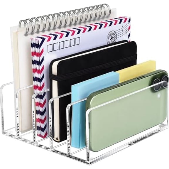 Acrylic Mail Holder, Clear Multifunction Desk Organizer with Divider, Vertical Letter Sorter for Desktop, 5 Compartments Modern Office Home Envelope Organizer for Bill, Document, Folder