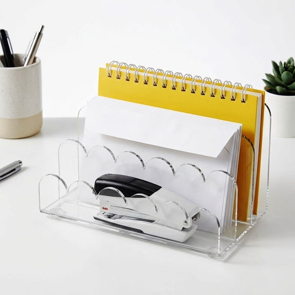 Acrylic Mail Organizer 3 Compartment Laddered Clear Vertical File Holder Countertop Upright Scalloped Envelope Folder for Envelope Bill Mail