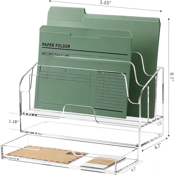 Acrylic Mail Organizer for Desk - Transparent 3-Compartment Letter Sorter with Drawer, Desktop File Holder for Office, Home, Classroom