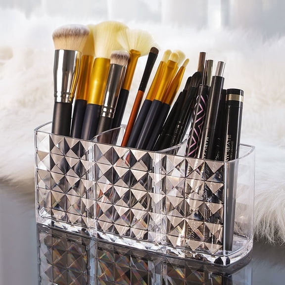 Acrylic Makeup Brush Holder 3 Compartments Cosmetic Storage Box for Vanity Dressing Table Countertop Organizers and Storage, 7x2x3 Inch