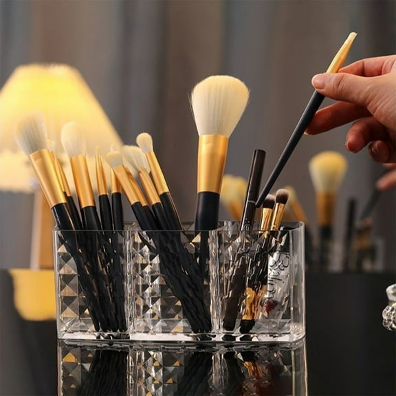 Acrylic Makeup Brush Holder Organizer Storage Box with 3 Compartments for Eyebrow Pencil Lipstick Cosmetic Vanity Desk Bathroom Countertop Organizing