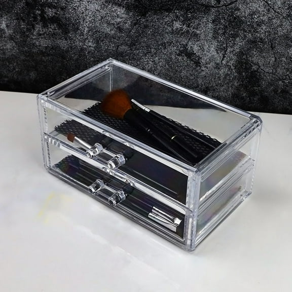 Acrylic Makeup Brush Organizer, Transparent Vanity Storage Box, Double Drawer with Bottom Mat, Compact 7.48x4.60x3.74 Inches, For Cosmetics and Jewelry Display